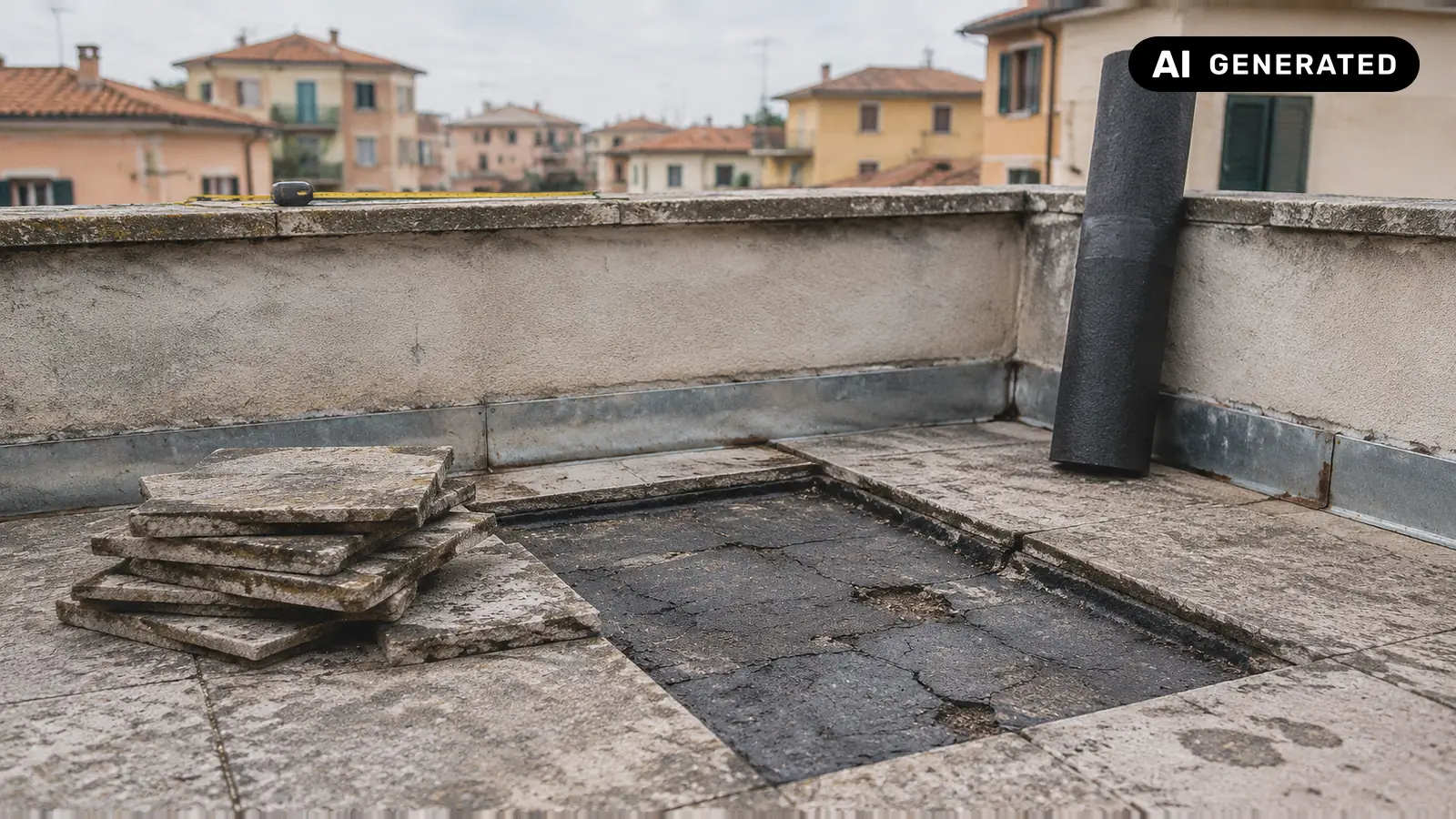 Il terrazzo di un sopralluogo prima del preventivo: alcune piastrelle vecchie già sollevate lasciano vedere la guaina impermeabilizzante screpolata, la lattoneria del bordo, un rotolo di guaina nuova appoggiato in un angolo e un metro a nastro steso lungo il parapetto — le misure vere, quelle che l'AI per preventivi edili non vede (immagine generata con AI)