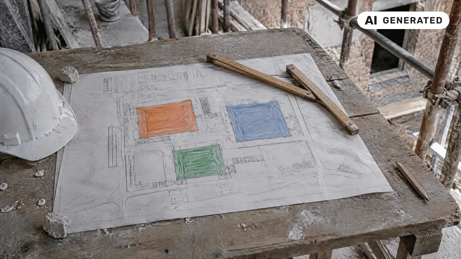 Una planimetria di cantiere disegnata a mano con tre zone colorate per deposito, carico e scarico e baracca, un metro a stecche di legno e un casco bianco su un tavolo di legno: come organizzare un cantiere efficiente (immagine generata con AI)