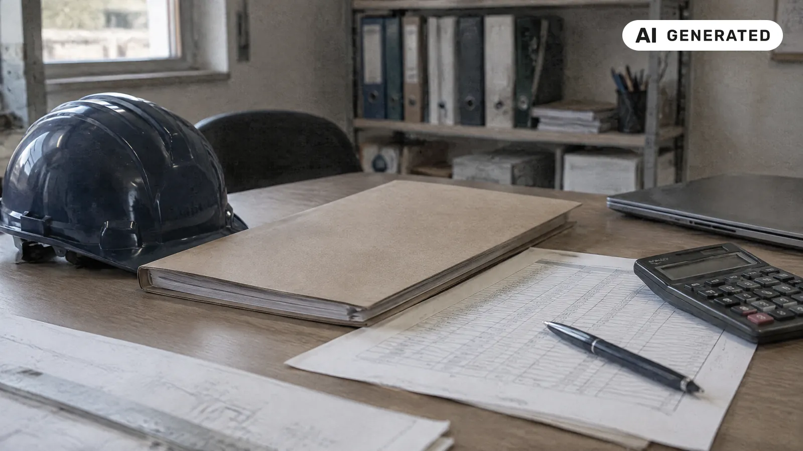 Una scrivania d'ufficio di un'impresa edile con una cartellina di documenti di gara, un computo metrico stampato, una calcolatrice, una penna e un casco da cantiere, per partecipare a una gara d'appalto (immagine generata con AI)