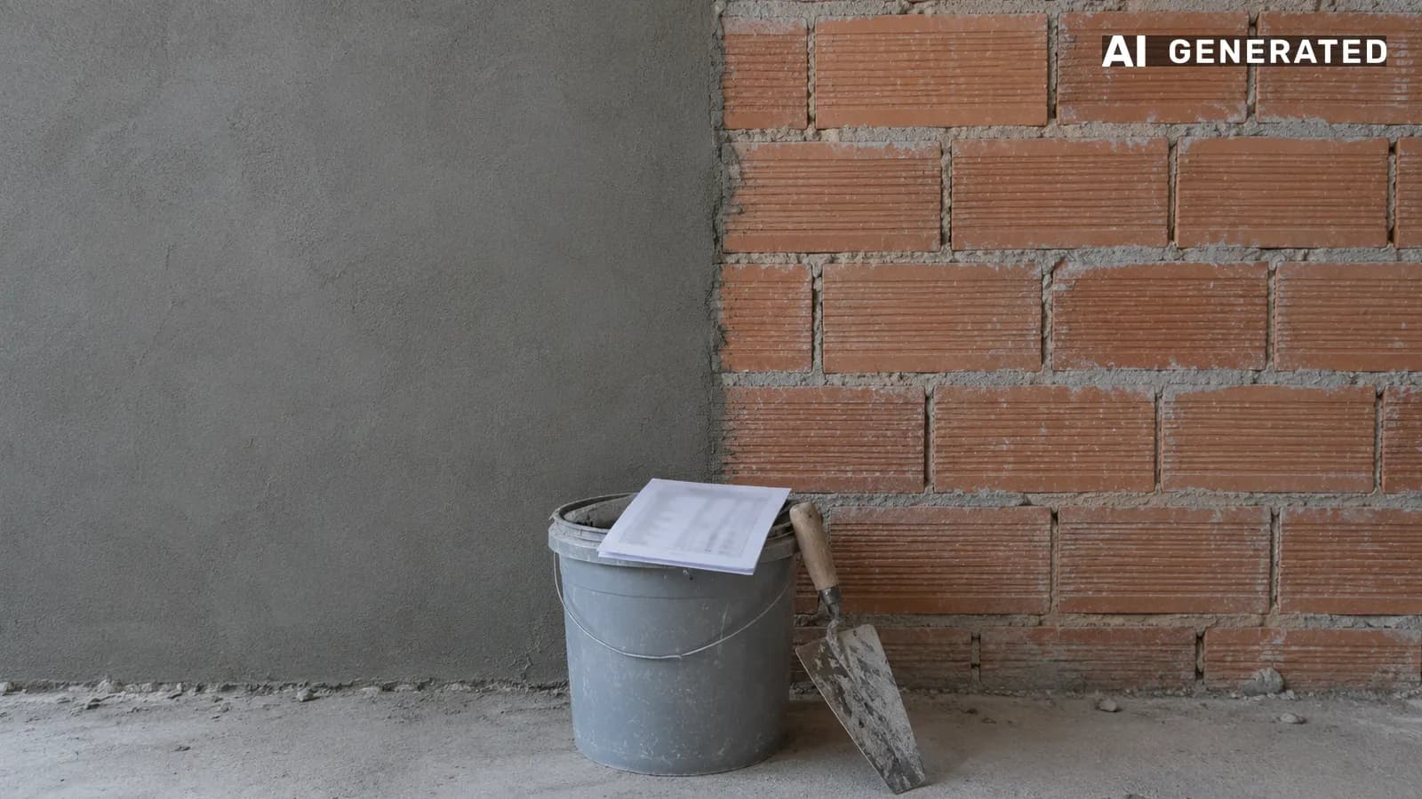 Parete di cantiere per metà intonacata e per metà in muratura a vista, con una cazzuola, un secchio di premiscelato senza marca e un elenco prezzi stampato a cifre illeggibili appoggiato sul secchio, per il prezzario Regione Lazio 2026 (immagine generata con AI)
