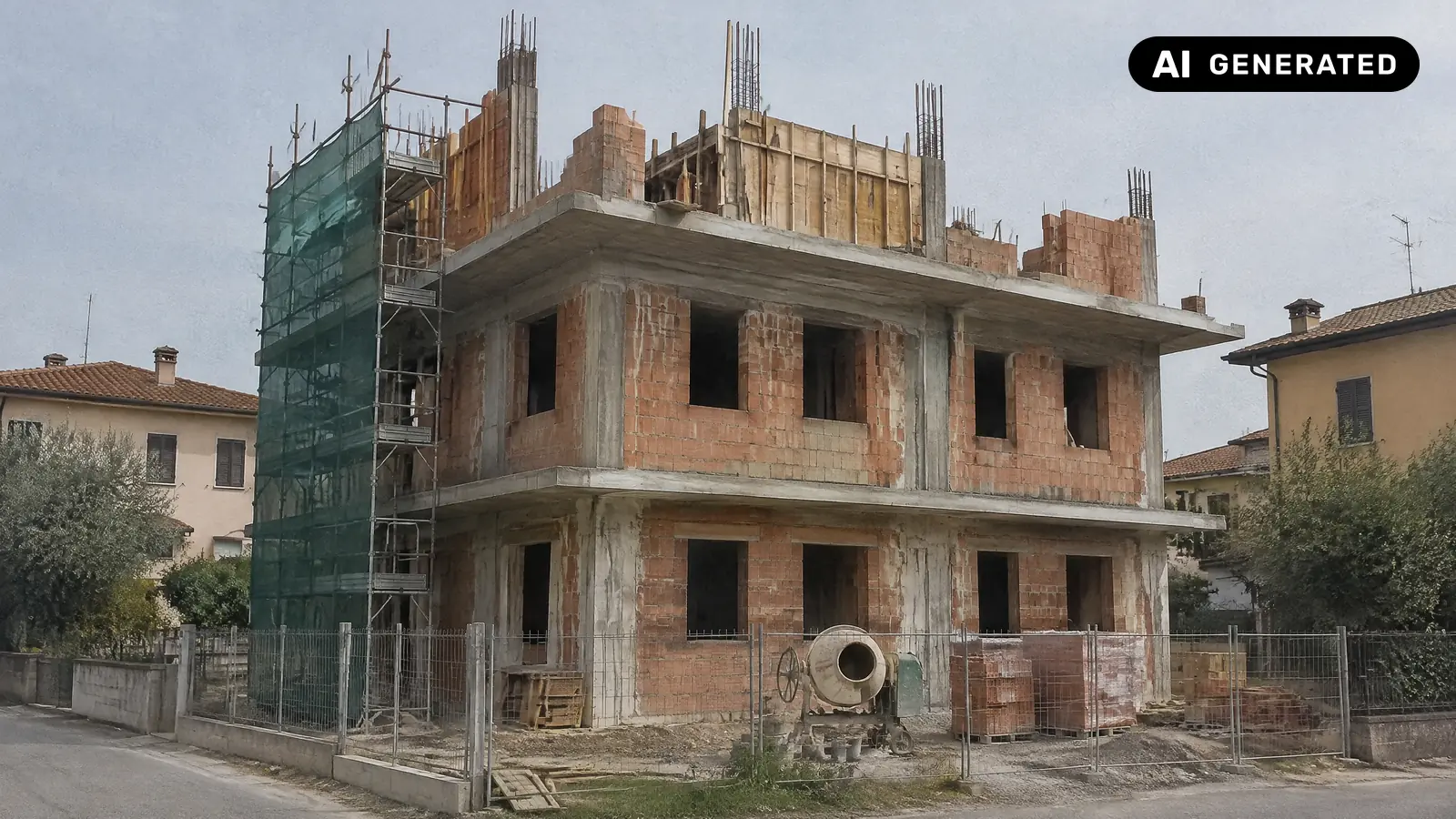 Un edificio in costruzione visto da fuori: i due piani bassi già finiti in laterizio e cemento armato, l'ultimo piano ancora con i casseri di legno e i ferri d'armatura a vista, il ponteggio su un lato — il punto dei lavori che il SAL stato avanzamento lavori misura (immagine generata con AI)
