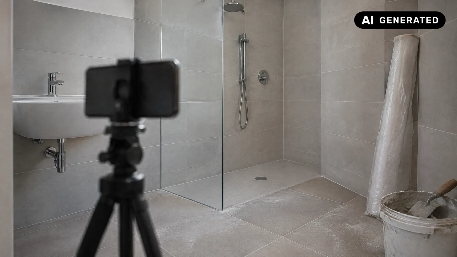 Un bagno appena ristrutturato con piastrelle nuove grigio chiaro e doccia a filo pavimento, un telo di protezione arrotolato e un secchio di stucco in un angolo; in primo piano, di spalle e a schermo nascosto, uno smartphone su un piccolo treppiede inquadra la stanza — come fare un sito web professionale per un'impresa edile (immagine generata con AI)