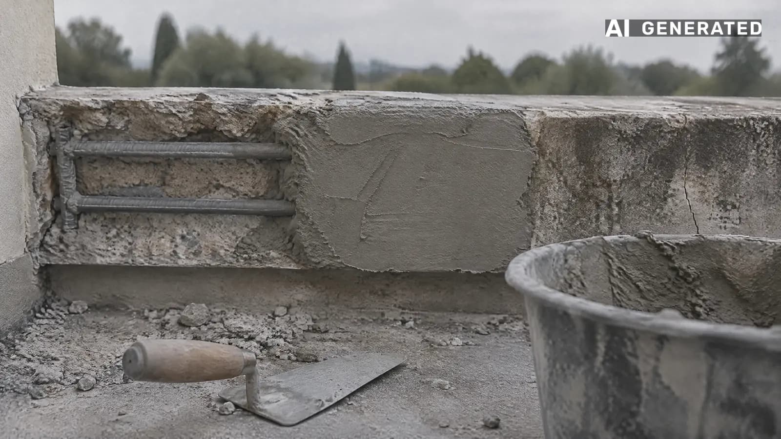 Il frontalino di un balcone in riparazione ripreso da vicino: un tratto di calcestruzzo già tolto con i ferri d'armatura trattati a vista, accanto un tratto ricostruito con malta fresca lisciata a cazzuola e poi il bordo originale ancora da rifare; una cazzuola e un secchio senza marca sul pavimento del balcone, alberi e cielo sfocati dietro — social media per imprese edili: il lavoro mentre si fa, una fase alla volta (immagine generata con AI)