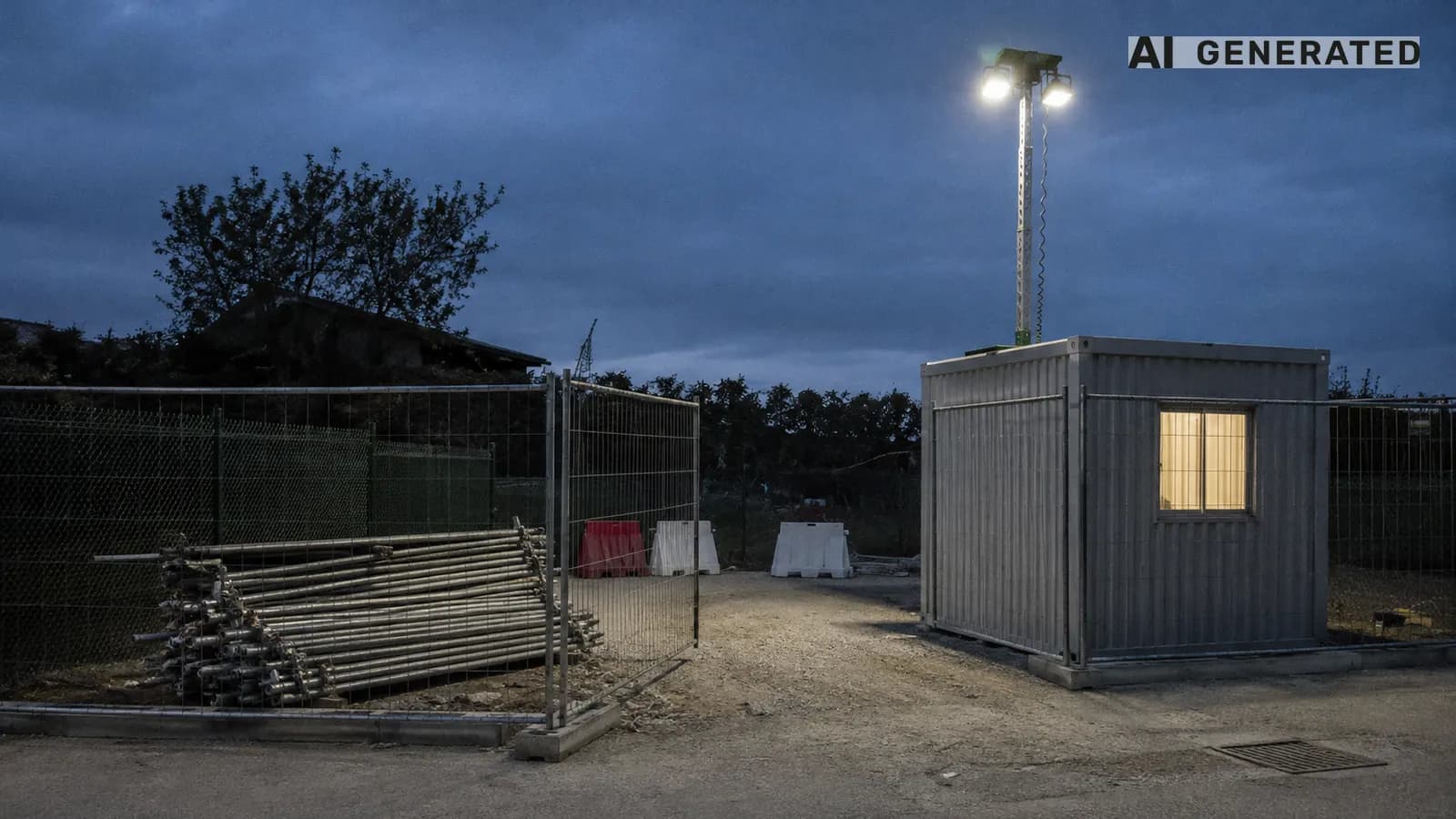 Ingresso di un cantiere edile al crepuscolo: recinzione a pannelli metallici, tubi e giunti di ponteggio accatastati, una torre faro accesa e un box ufficio di cantiere con la finestra illuminata, per le spese generali e l'utile d'impresa nei prezzari regionali 2026 (immagine generata con AI)