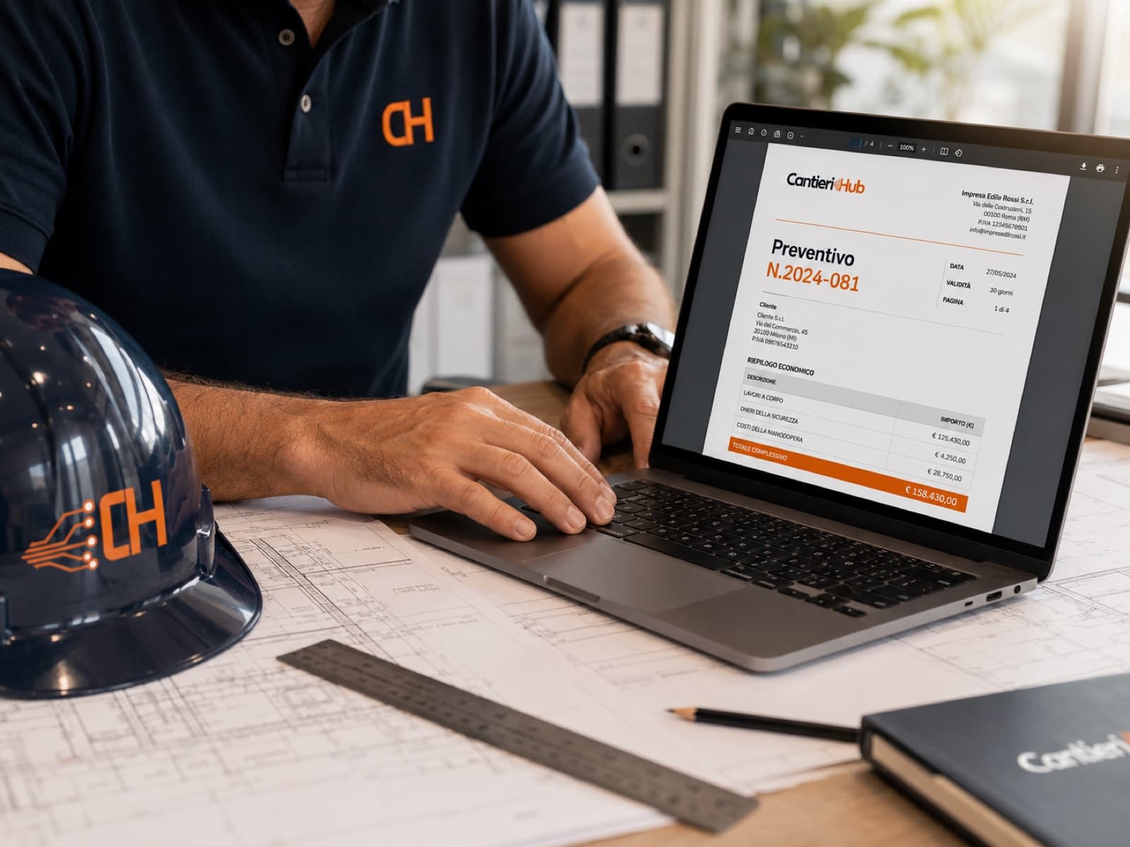 Preventivatore AI — laptop con preventivo e caschetto Cantieri Hub