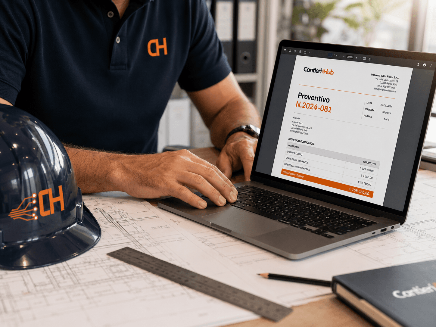 Preventivatore AI — laptop con preventivo e caschetto Cantieri Hub