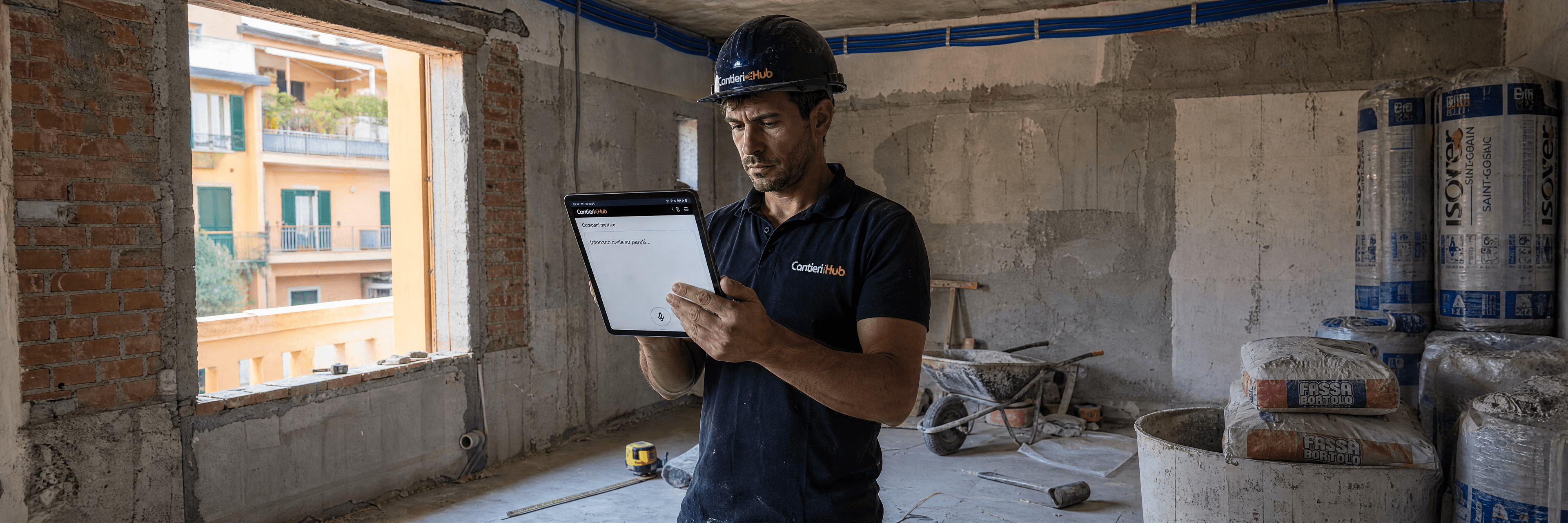 Professionista con caschetto Cantieri Hub e tablet in cantiere