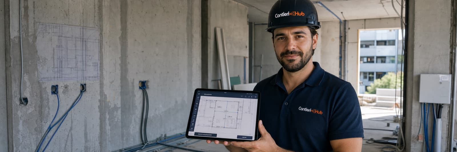 Professionista con tablet e piantina architettonica in cantiere