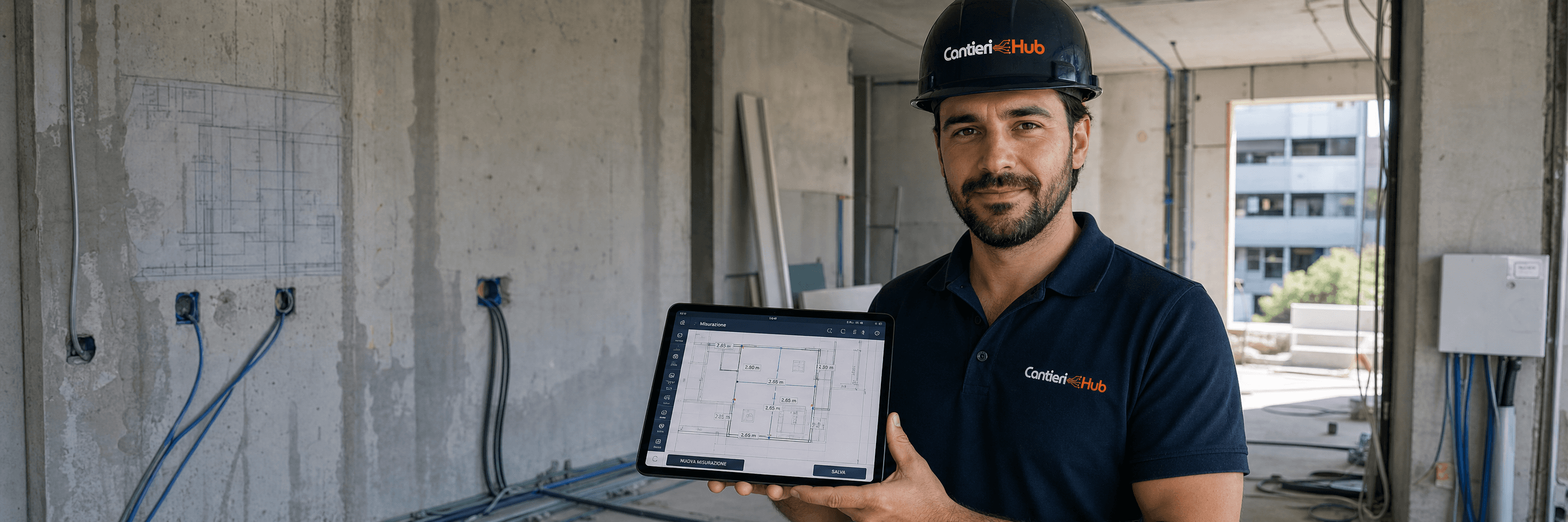 Professionista con tablet e piantina architettonica in cantiere