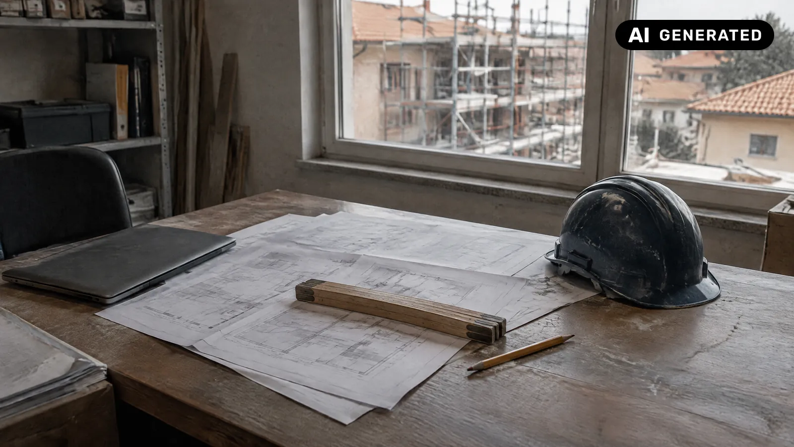 Scrivania di un ufficio di cantiere con tavole di progetto stampate sfocate, un metro a stecche di legno, un casco e un portatile chiuso: il tavolo di un'impresa edile che valuta l'AI in edilizia (immagine generata con AI)
