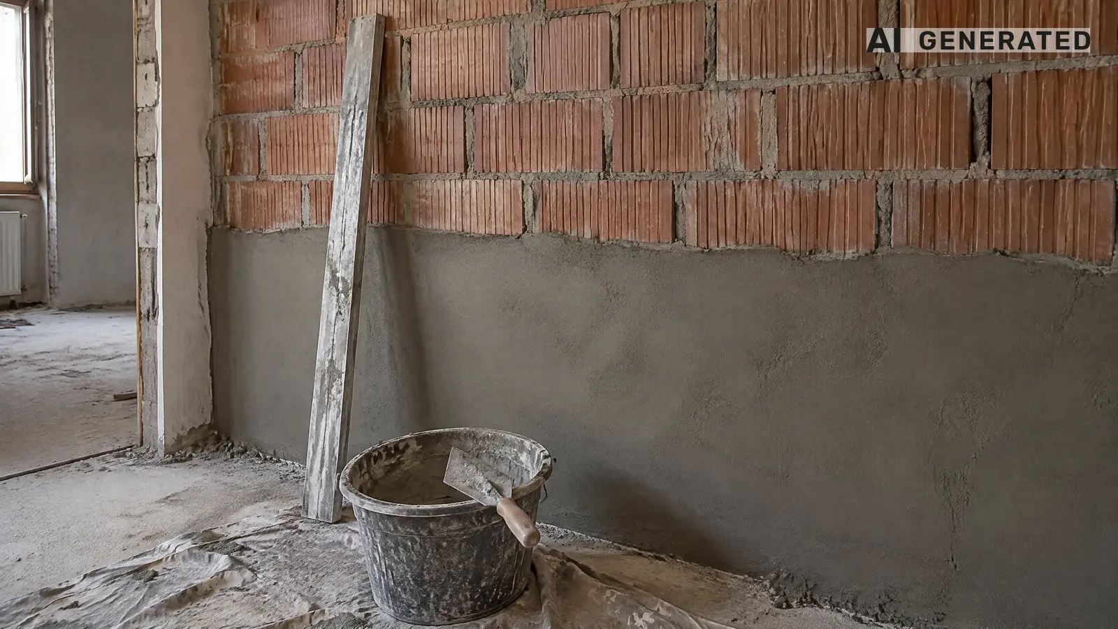 Una parete interna intonacata fino a metà in un appartamento in ristrutturazione: sopra i blocchi di laterizio ancora a vista, sotto l'intonaco fresco più scuro, un'asse di legno sporca di malta appoggiata al muro e un secchio di malta ai piedi — il lavoro fatto fin qui, il punto di partenza per capire come fare il SAL di un cantiere (immagine generata con AI)