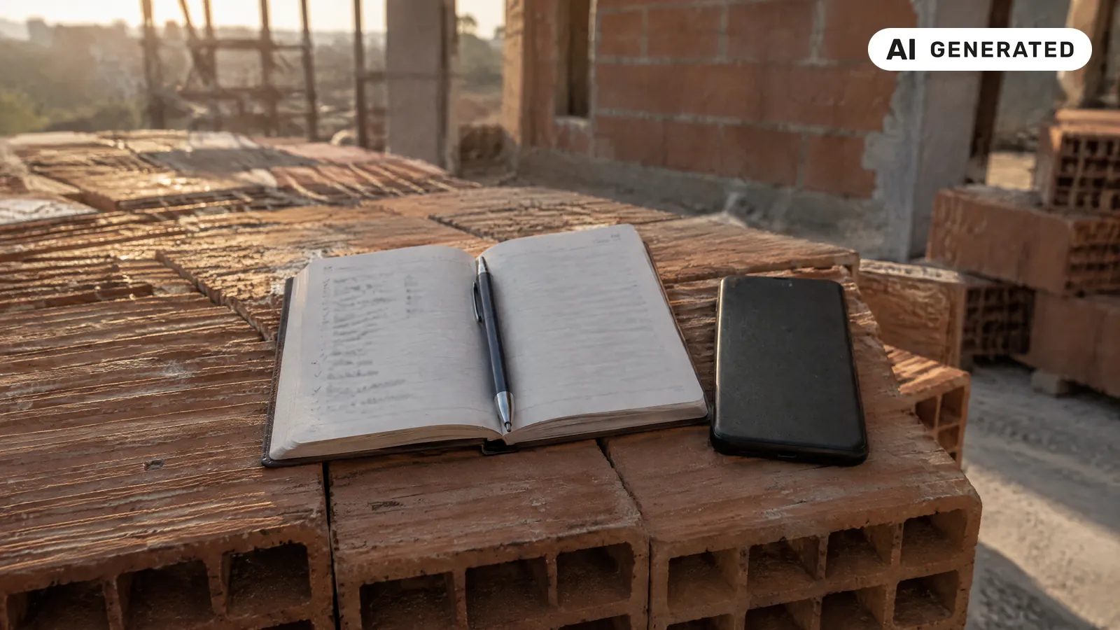 Un'agenda aperta su un bancale di mattoni in cantiere, con una lista di nomi illeggibile e qualche nome spuntato a penna, e un telefono a faccia in giù accanto: come trovare clienti per un'impresa edile (immagine generata con AI)