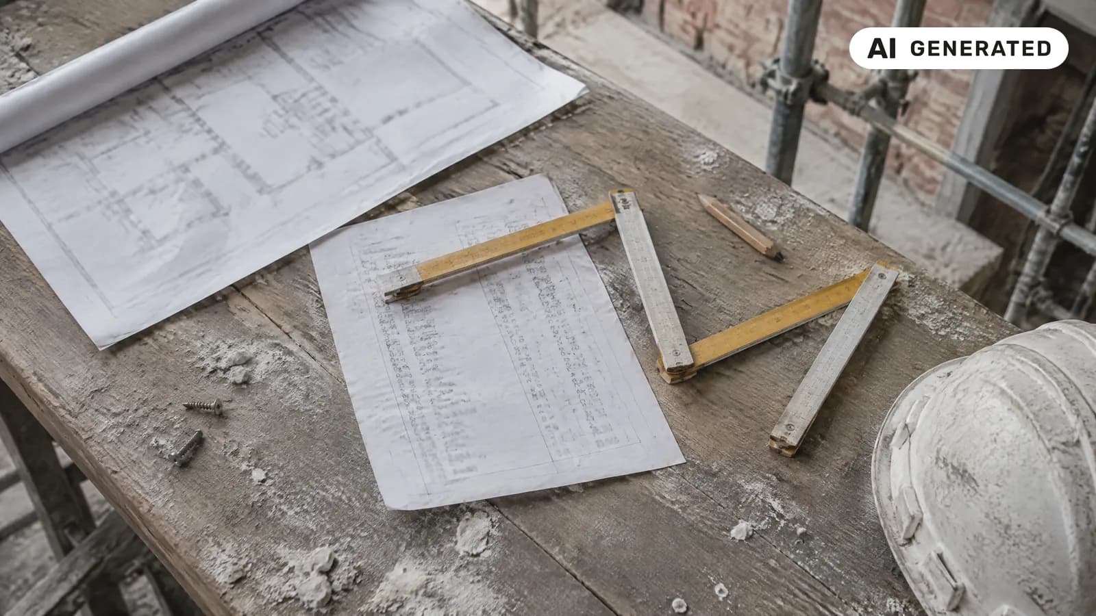 Foglio di misure di un computo metrico, un metro a stecche di legno e tavole di progetto su un tavolo di cantiere polveroso, con un elmetto bianco (immagine generata con AI)