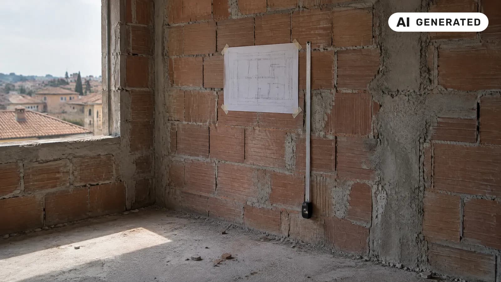 Una pianta stampata con le linee delle quote ben visibili, attaccata con nastro adesivo a un muro al rustico di una stanza vuota in ristrutturazione, con un metro a nastro aperto lungo il muro e la luce che entra da un vano finestra senza serramento: il computo metrico da piantine architettoniche parte da qui (immagine generata con AI)