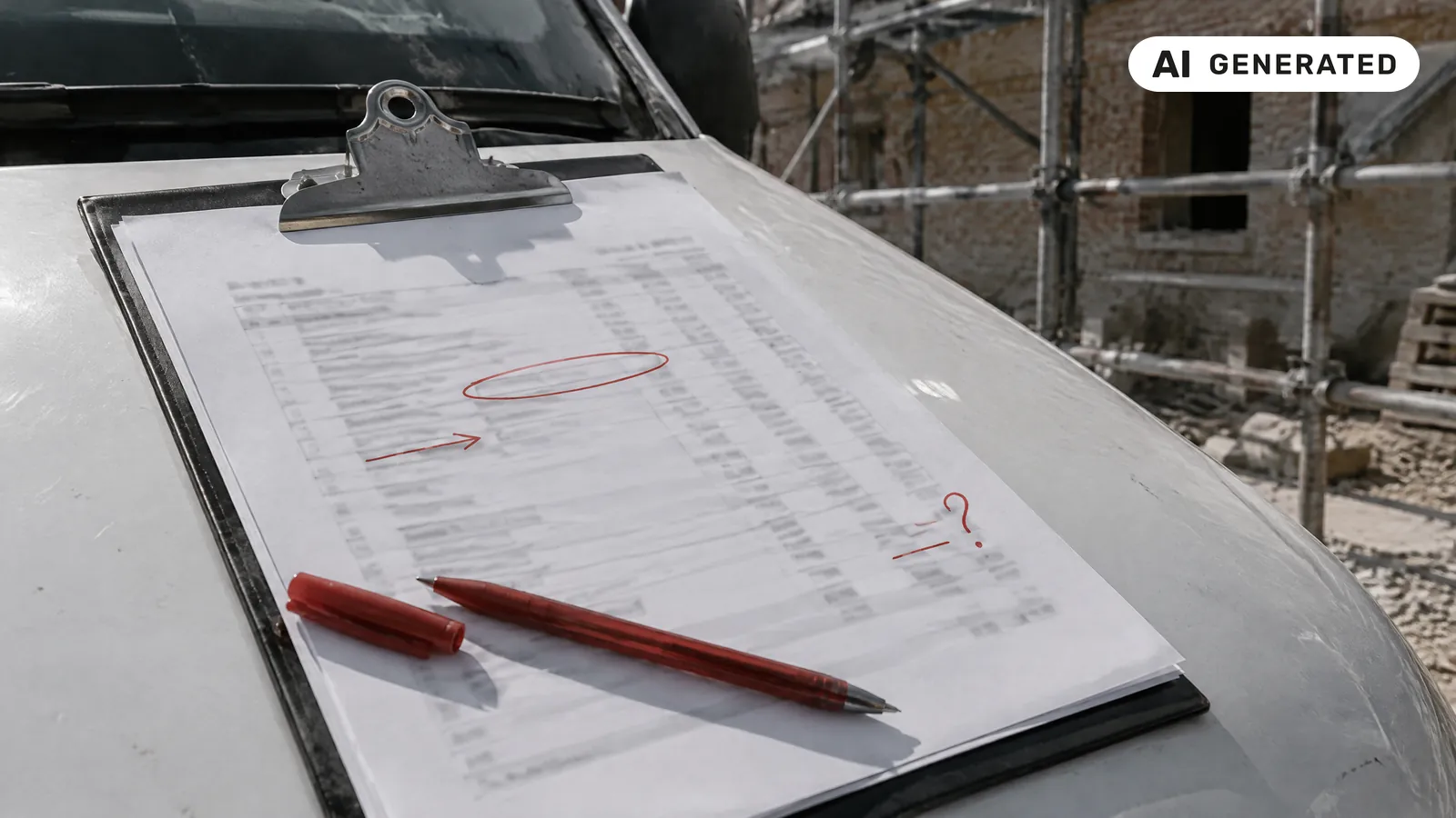 Un preventivo edile stampato su una cartellina appoggiata sul cofano di un furgone da cantiere, con alcune righe cerchiate e segnate a penna rossa, una freccia e un punto interrogativo — gli errori più comuni nei preventivi edili (immagine generata con AI)