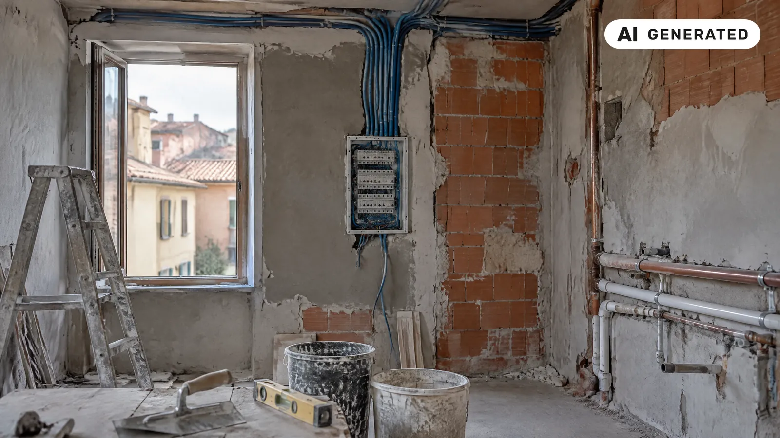 Quadro elettrico e tubi a vista in un appartamento in ristrutturazione, con tracce e intonaco fresco (immagine generata con AI)