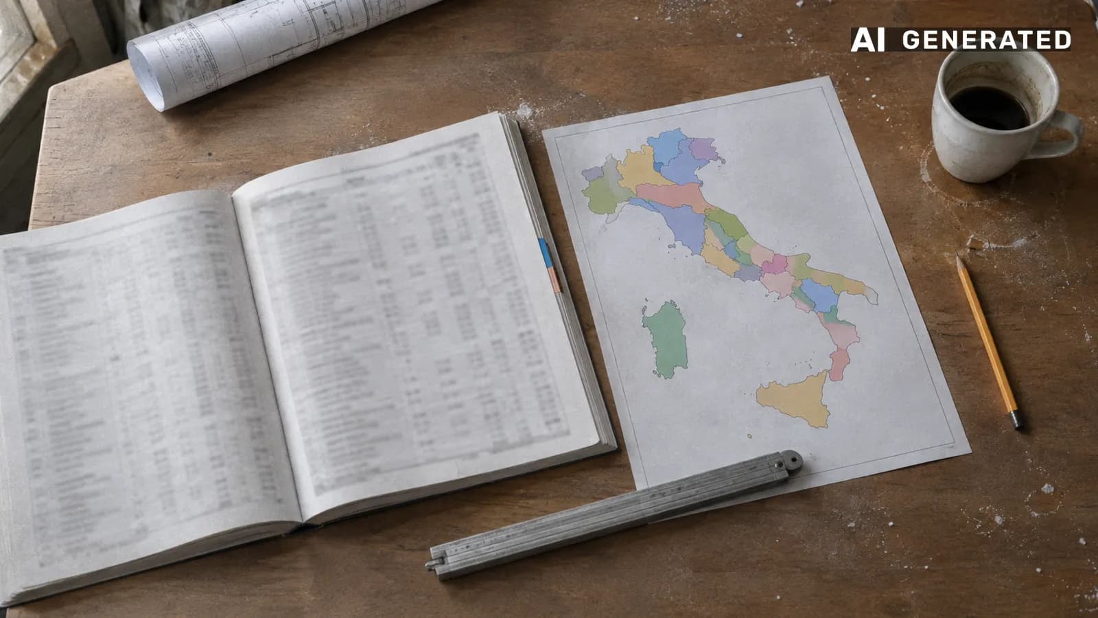 Elenco prezzi stampato con cifre illeggibili, un metro pieghevole e una cartina dell'Italia a regioni su un tavolo da cantiere, per il prezzario regionale 2026 (immagine generata con AI)