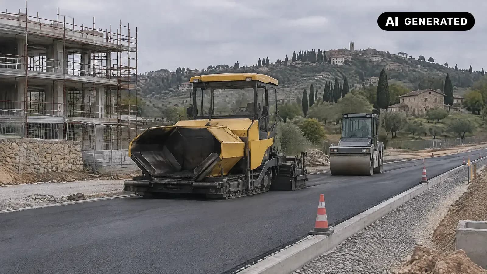 Vibrofinitrice gialla che stende asfalto nuovo su una strada in costruzione (immagine generata con AI)