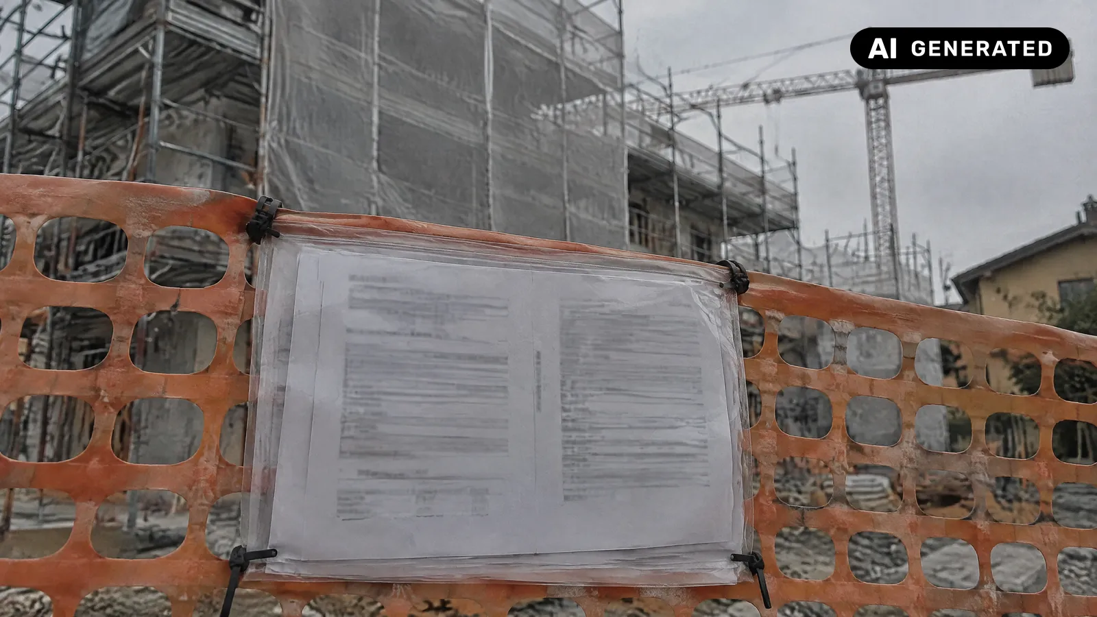 Una busta portadocumenti trasparente fissata con le fascette alla rete arancione di un cantiere, con dentro dei fogli dai bordi piegati: i documenti obbligatori per la sicurezza in cantiere, pronti per un controllo. Dietro, sfocati, un ponteggio coi teli e una gru (immagine generata con AI)